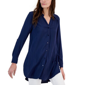 I.N.C. International Concepts Petite Small Roll-Tab Button-Down Long Blouse NWT
